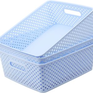 Special 3 Pack Plastic Storage Baskets, Large, White, Durable Woven Plastic with Built-In Handles