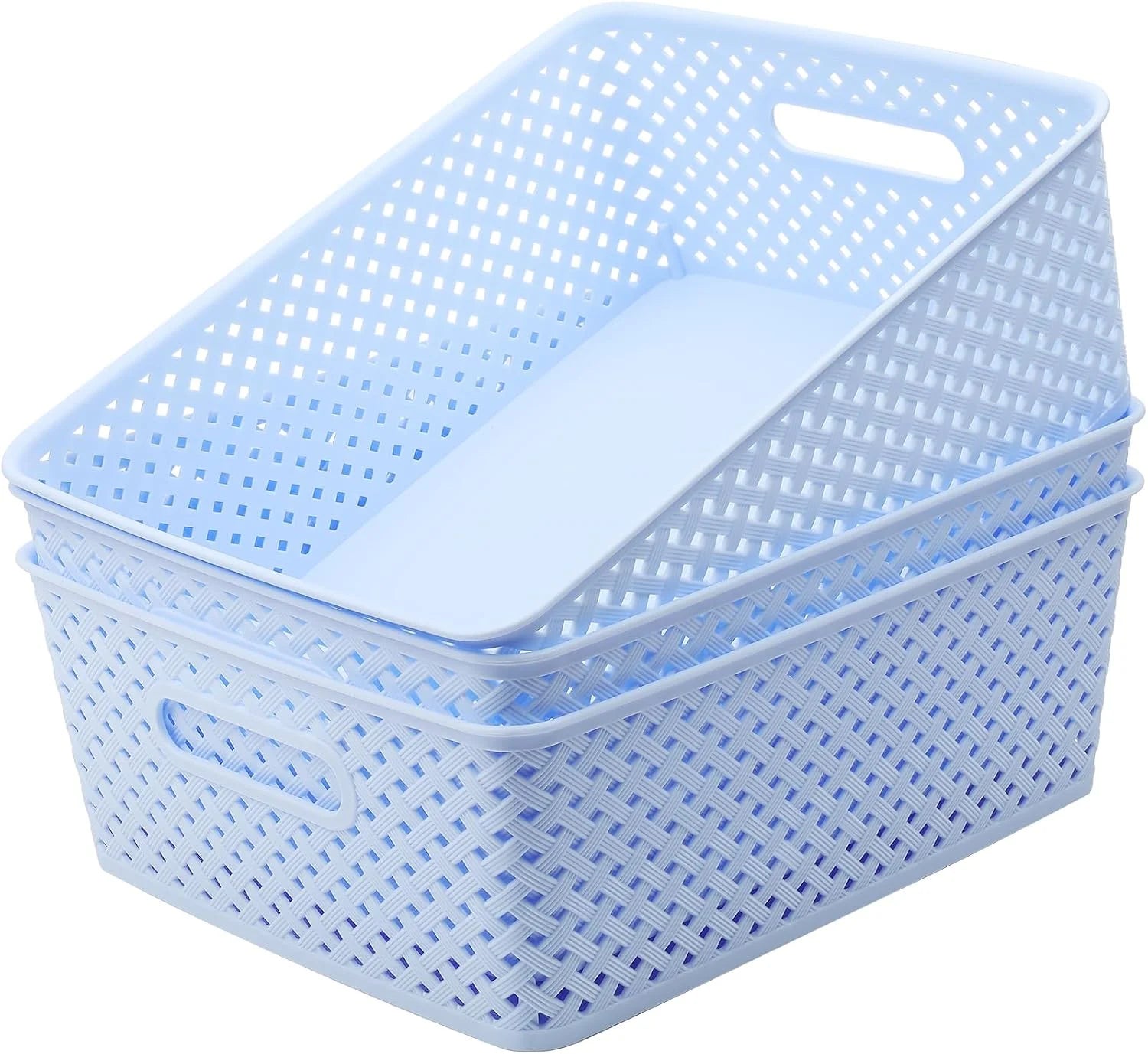 Special 3 Pack Plastic Storage Baskets, Medium, White, Durable Woven Plastic with Built-In Handles