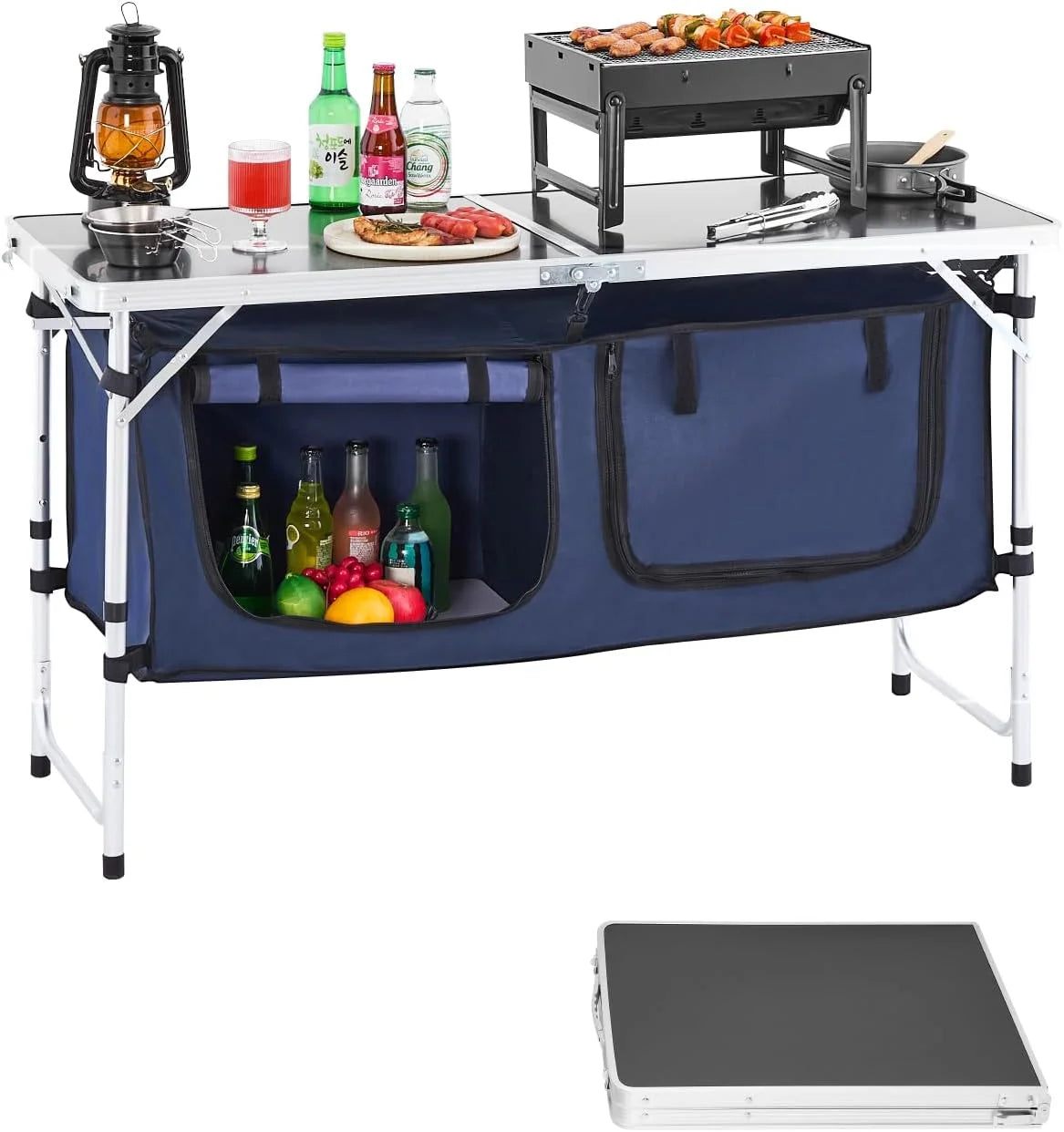 Special Camping Kitchen Station, 3 Adjustable Height Folding Outdoor Camp Cooking Table with Storage Organizer
