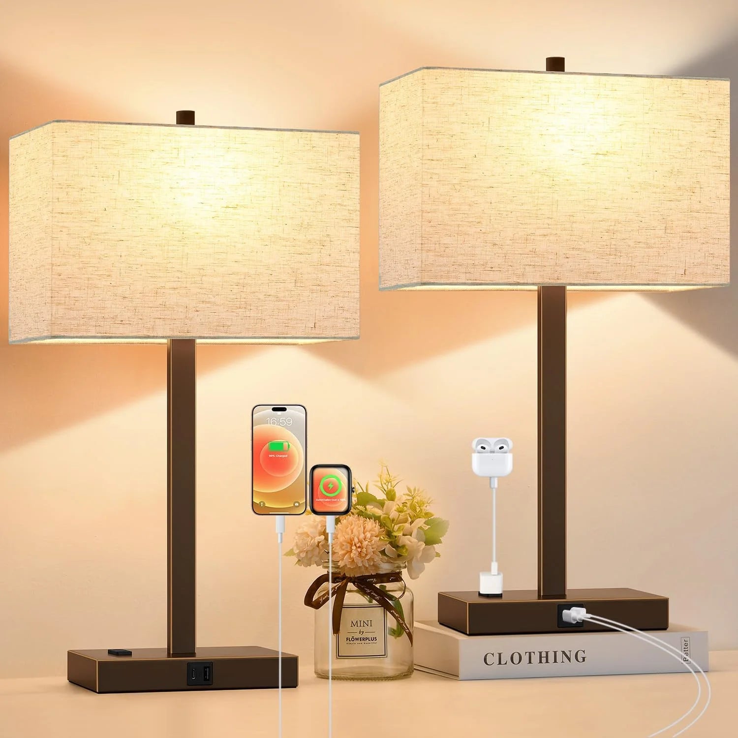 Special Touch Bedside lamps with 2 USB & AC Outlets, Dimmable, Bulb Included - Image 13