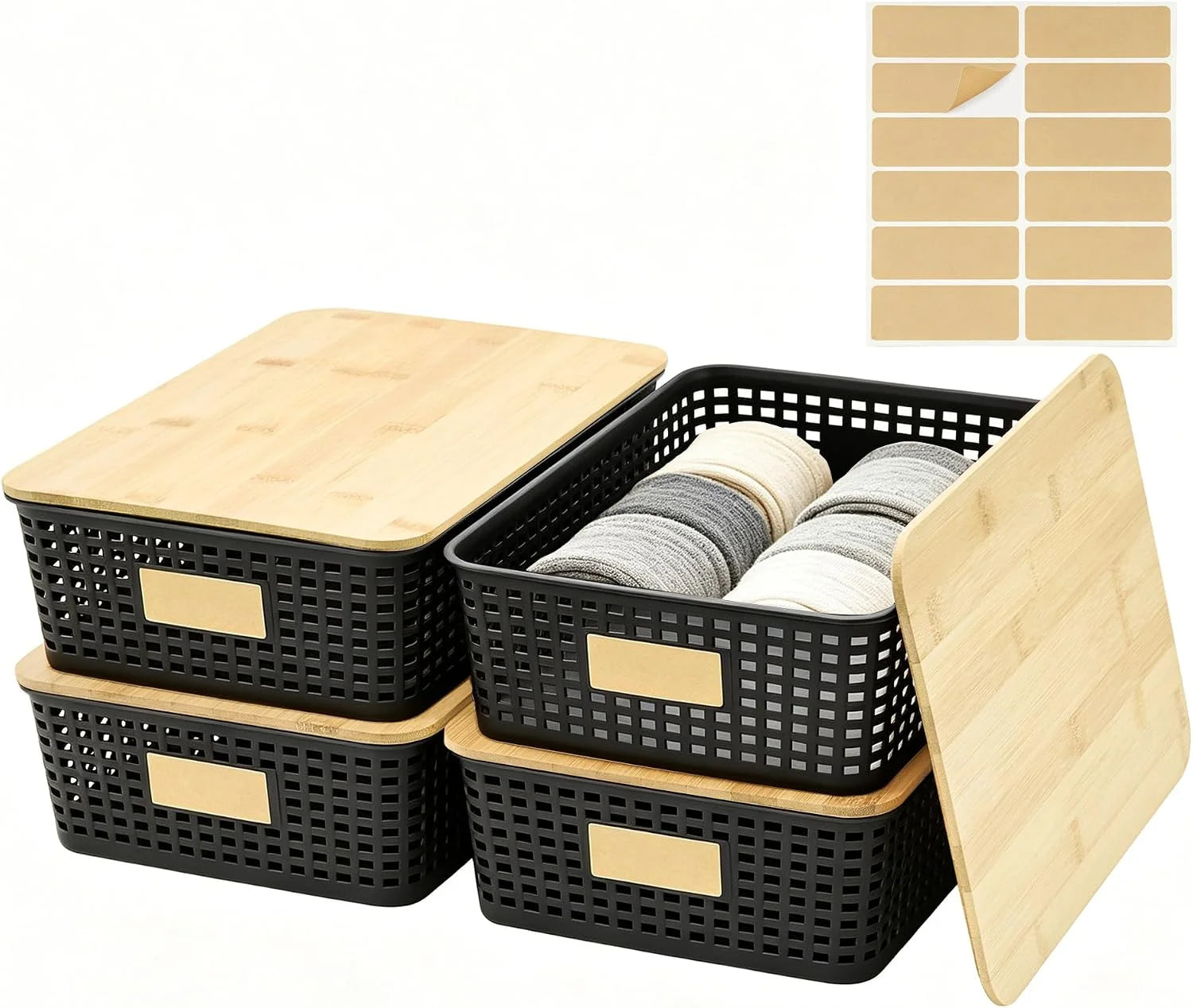 Special Small Plastic Storage Bins with Bamboo Lids 5.2qt Stackable Box Basket Pantry Decorative Containers Cute - Image 5