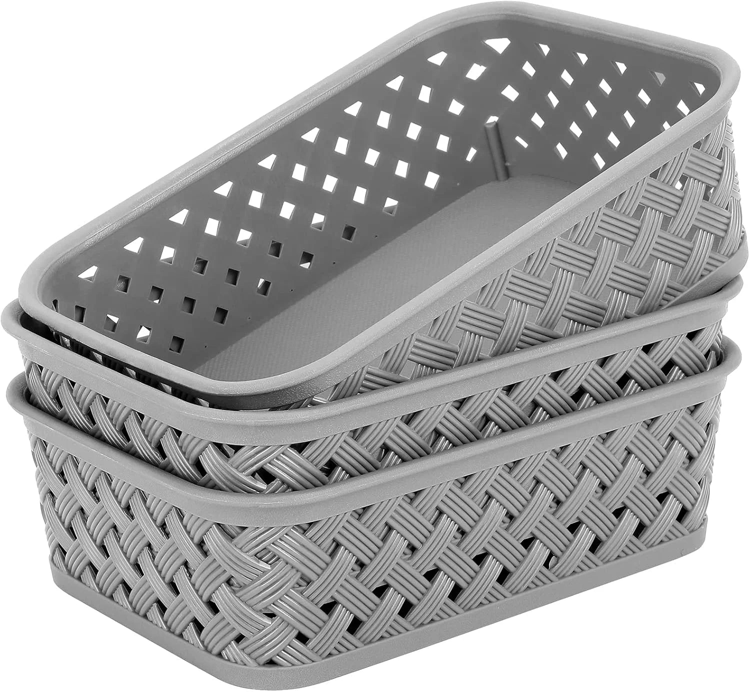 Special 3 Pack Plastic Storage Baskets, Large, Grey, Durable Woven Plastic with Built-In Handles - Image 4