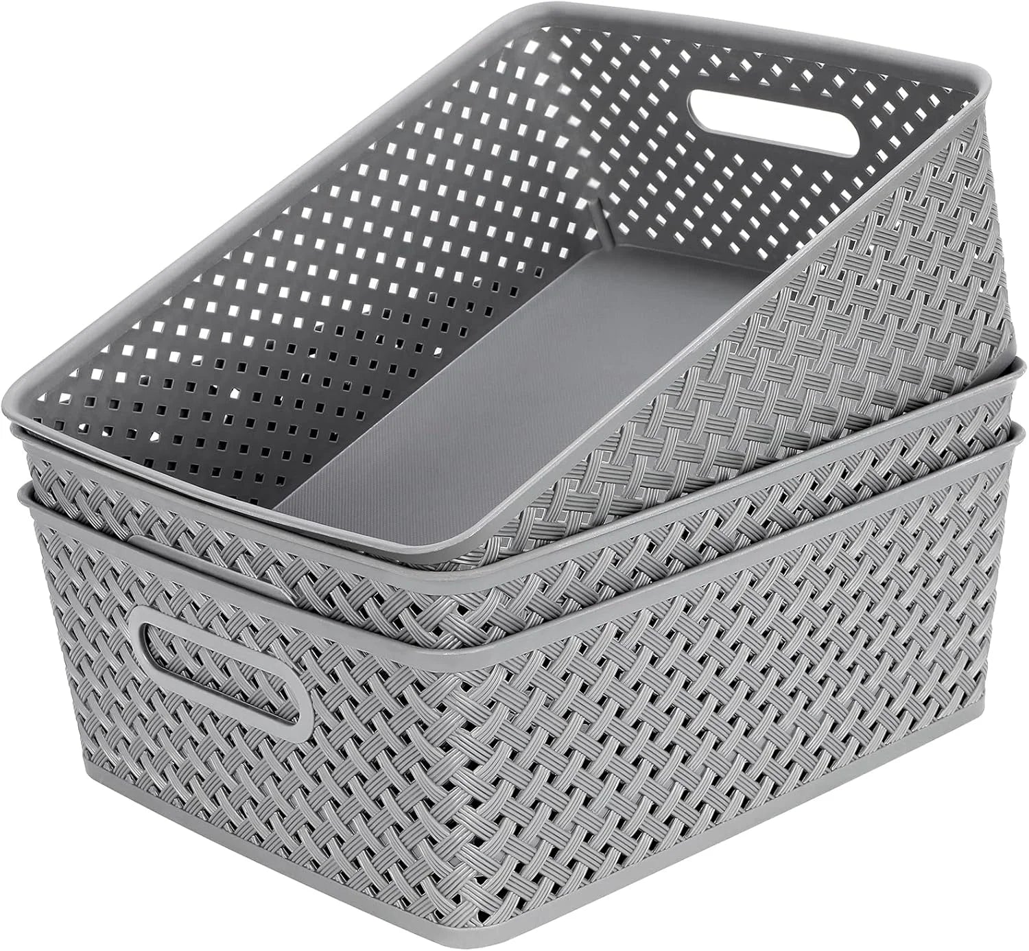 Special 3 Pack Plastic Storage Baskets, Medium, White, Durable Woven Plastic with Built-In Handles - Image 3