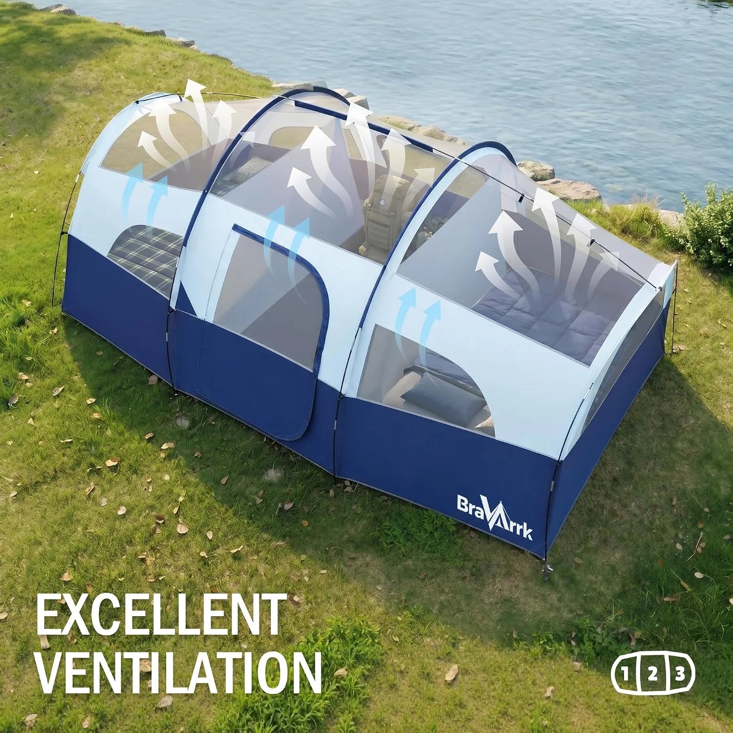 Special Camping Tent for 8 Person, PU3000MM Waterproof Family Tent with Rainfly, Large Roomy 3 Room Camping Tents - Image 4