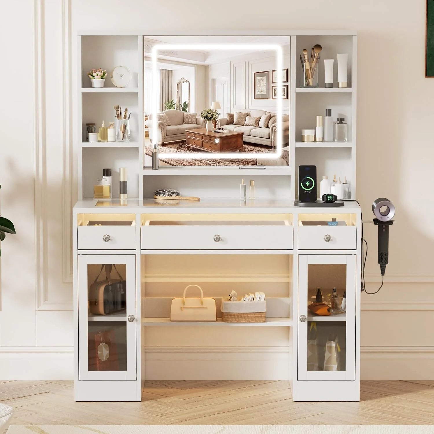 Special 43 Large White Makeup Vanity Desk with Charging Station, Smart LED Mirror, 7 Drawers, 4 Shelves - Image 3
