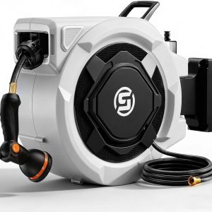 Special Retractable Garden Hose Reel, 1/2 x 100ft Wall Mounted Hose Reel with 3/4″ Brass Fitting & 10-Pattern Nozzle