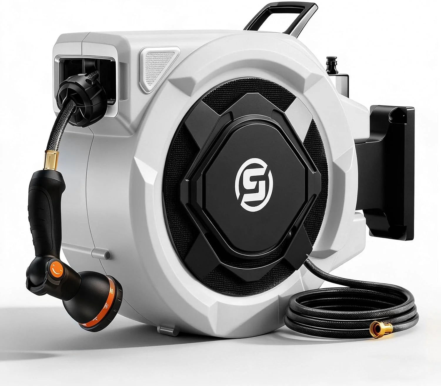 Special Retractable Garden Hose Reel, 1/2 x 100ft Wall Mounted Hose Reel with 3/4″ Brass Fitting & 10-Pattern Nozzle