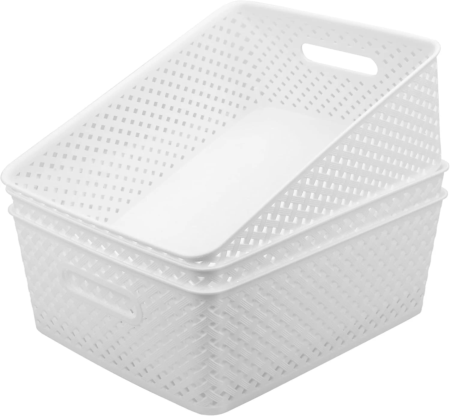 Special 3 Pack Plastic Storage Baskets, Medium, White, Durable Woven Plastic with Built-In Handles - Image 8