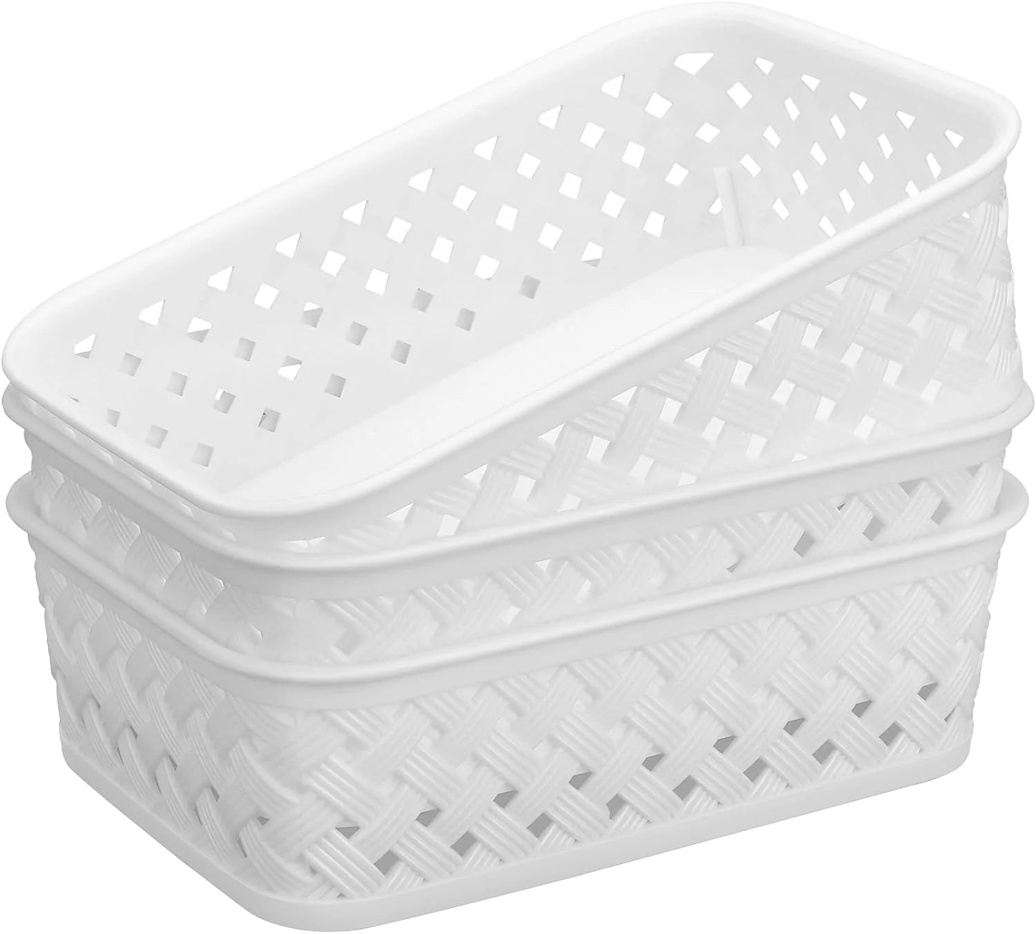 Special 3 Pack Plastic Storage Baskets, Large, White, Durable Woven Plastic with Built-In Handles - Image 2