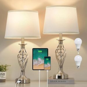 Special Lamp for Bedroom Set of 2 with USB C+A Ports, Bulb Included, Modern Bedside Lamps with Spiral Cage Base