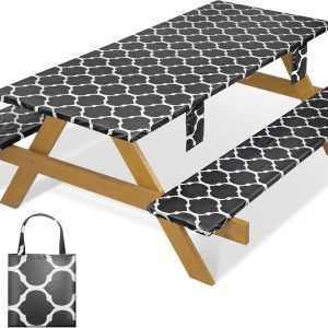 Special Fitted Waterproof Picnic Table Cover with Bench Covers Heavy Duty Elastic Outdoor Camping Tablecloth for 6 Foot Rectangle Tables Summer