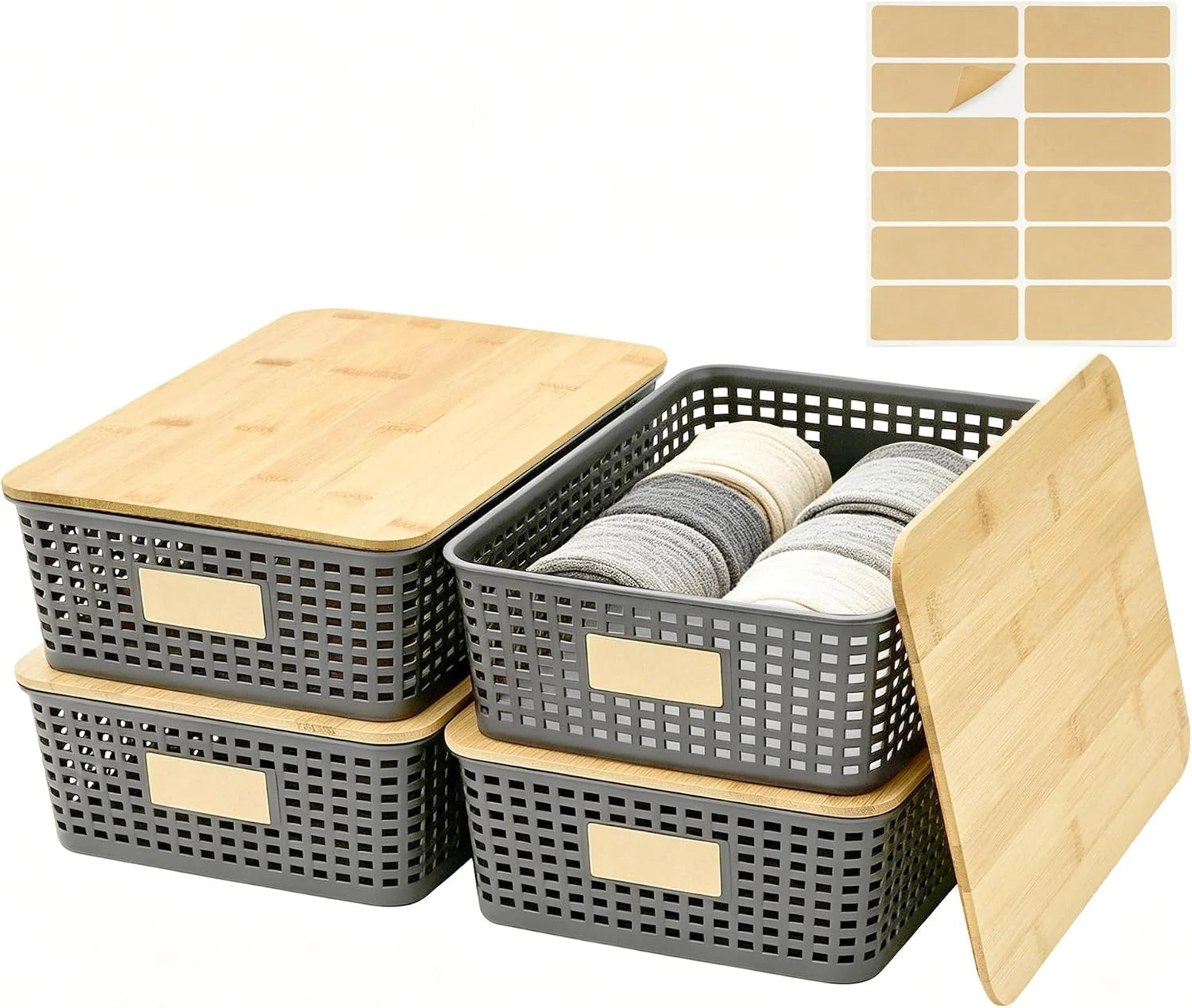 Special Small Plastic Storage Bins with Bamboo Lids 5.2qt Stackable Box Basket Pantry Decorative Containers Cute - Image 4