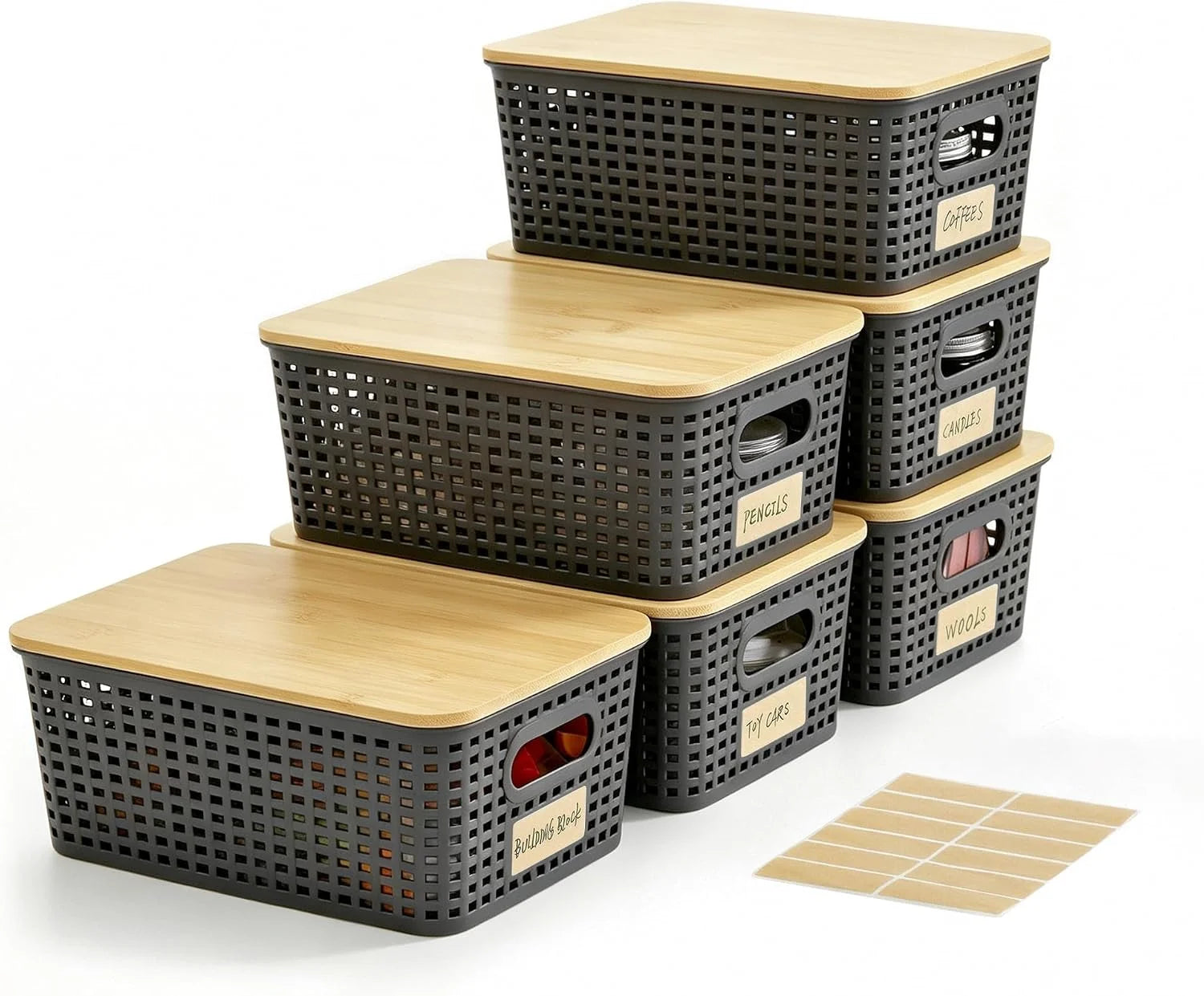 Special Small Plastic Storage Bins with Bamboo Lids 5.2qt Stackable Box Basket Pantry Decorative Containers Cute - Image 2