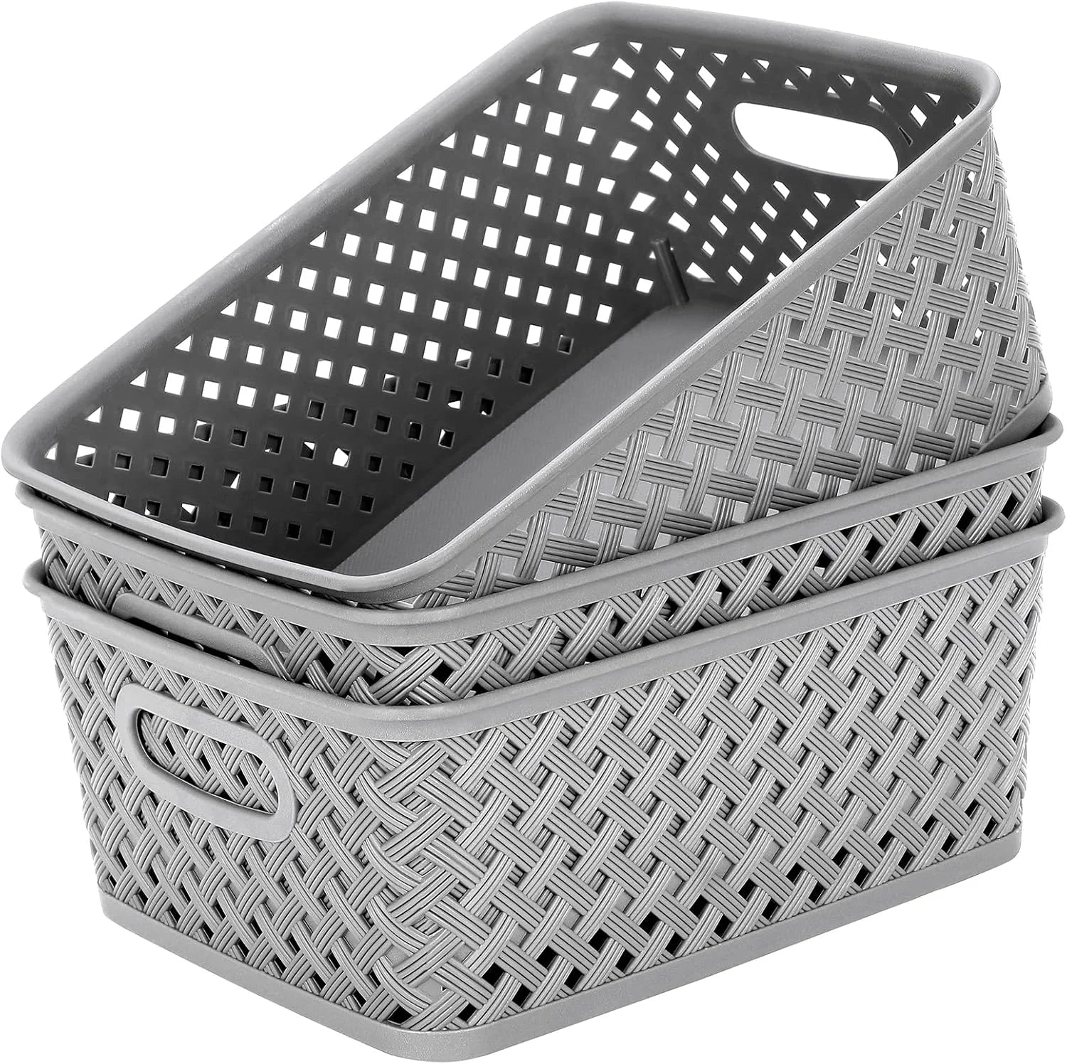 Special 3 Pack Plastic Storage Baskets, Large, Grey, Durable Woven Plastic with Built-In Handles - Image 12