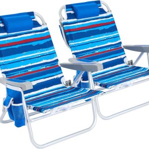 Special Low Beach Chair 2 Pack, 5-Position Lay Flat Reclining, Backpack Portable Folding Chairs with Cooler Bag & Cup