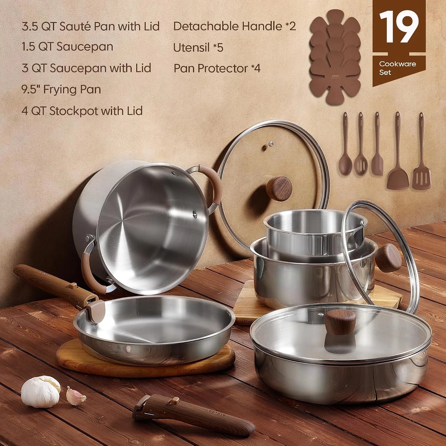 Special 19pcs Stainless Steel Cookware Set with Detachable Handle, Pots and Pans Set - Image 2