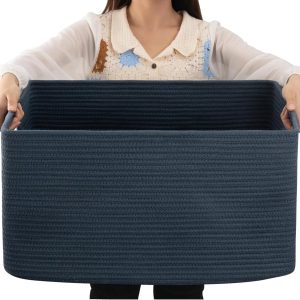 Special Large Blanket Basket, Storage Baskets with Handle, Rectangle Woven Cotton Rope Basket, Toy Organizer Bins, 22 x