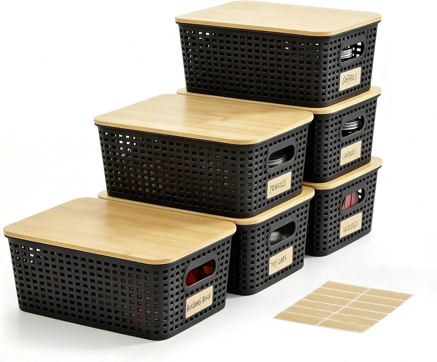 Special Small Plastic Storage Bins with Bamboo Lids 5.2qt Stackable Box Basket Pantry Decorative Containers Cute