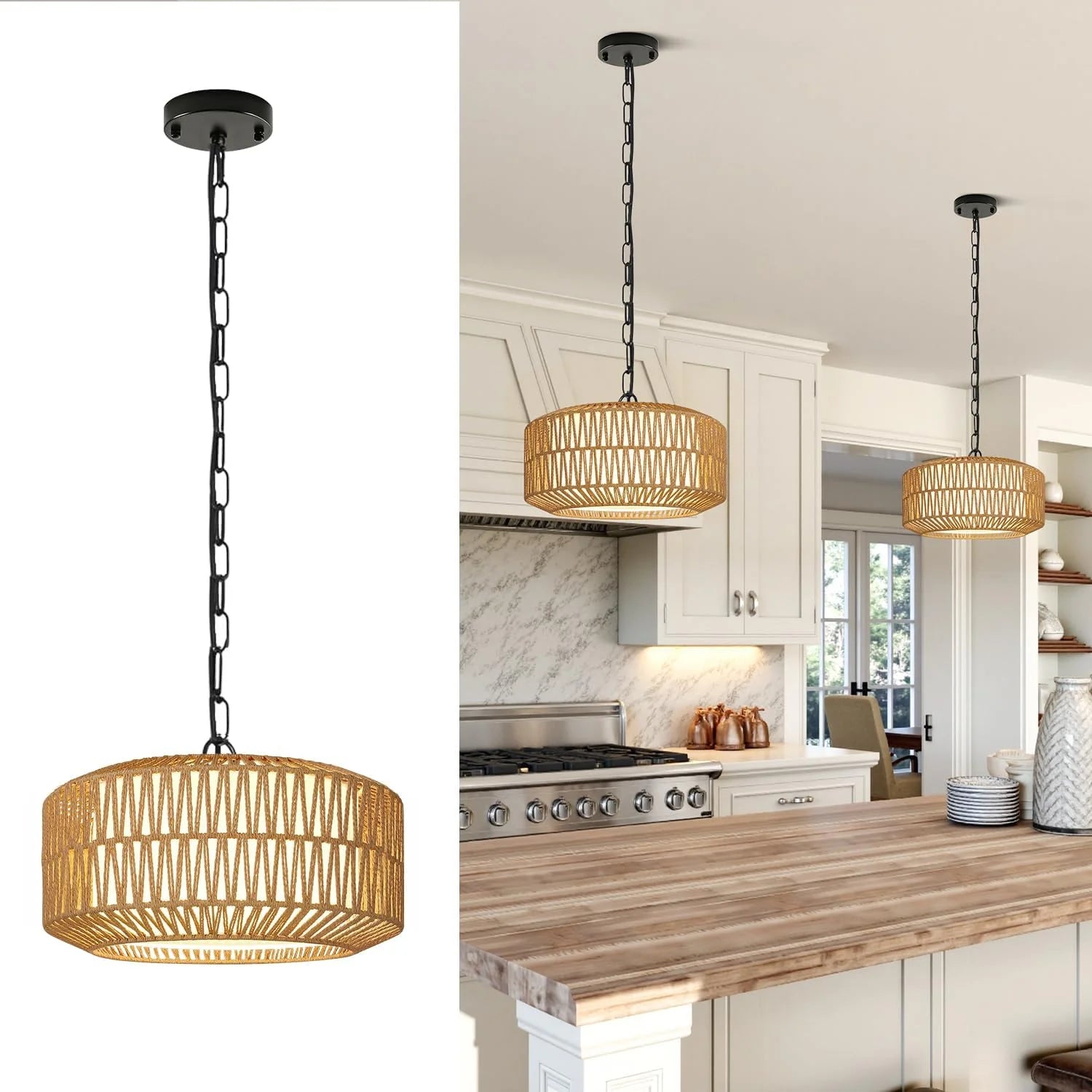 Special 9-52 Height Adjustable Farmhouse Chandelier Light Fixture, 5-Light Rattan Boho Chandeliers for Dining Room - Image 8