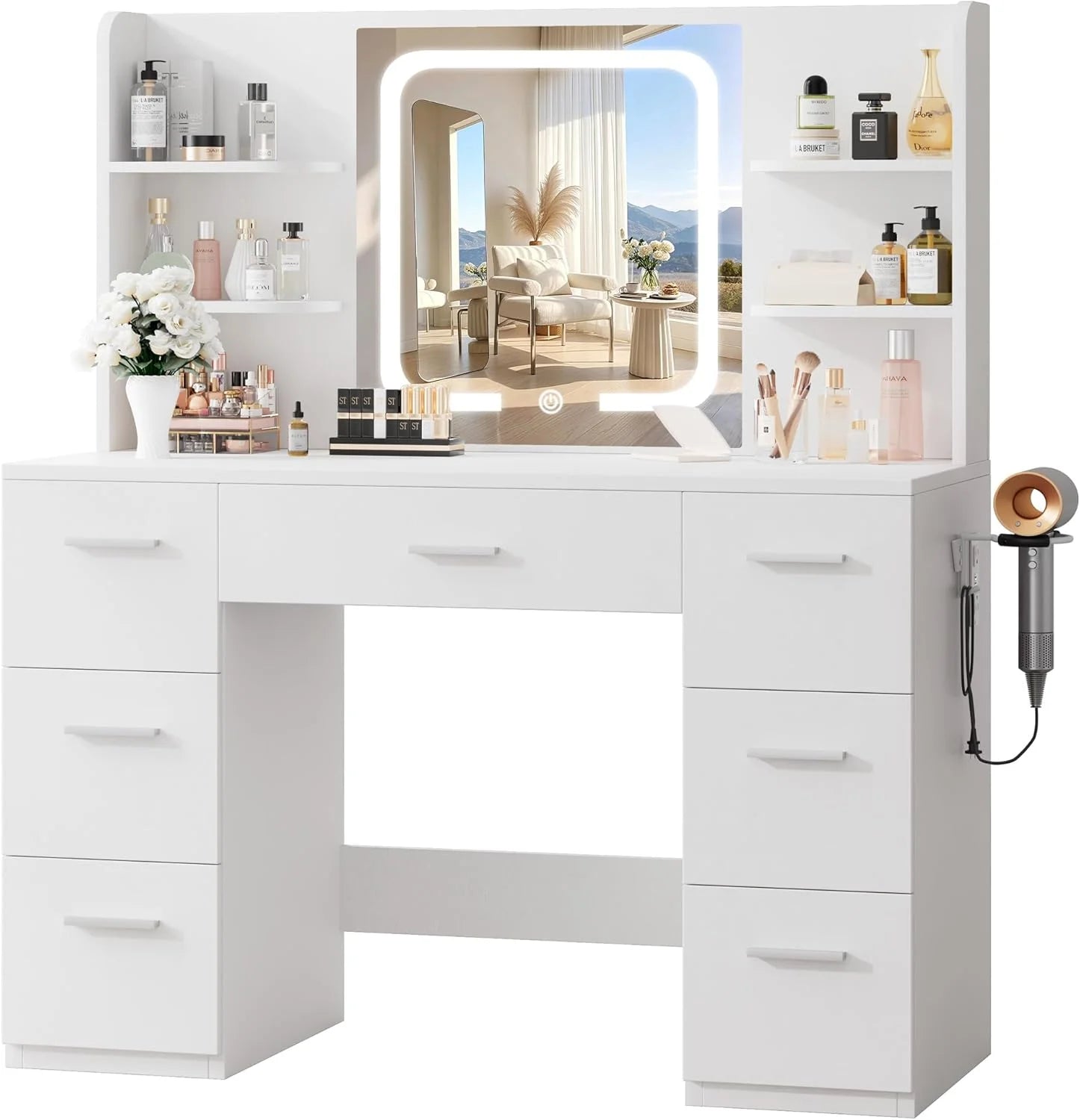 Special 43 Large White Makeup Vanity Desk with Charging Station, Smart LED Mirror, 7 Drawers, 4 Shelves