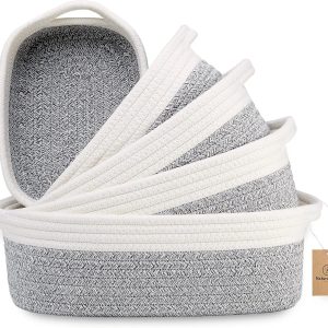 Special 5-Piece Rectangle Storage Basket Set- Natural Cotton Rope Woven for Organizing! Small Basket