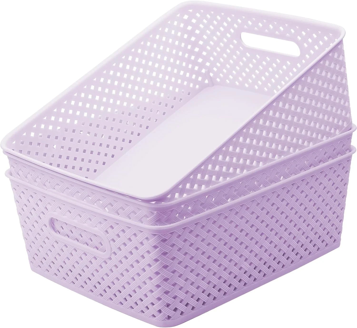 Special 3 Pack Plastic Storage Baskets, Medium, White, Durable Woven Plastic with Built-In Handles - Image 7