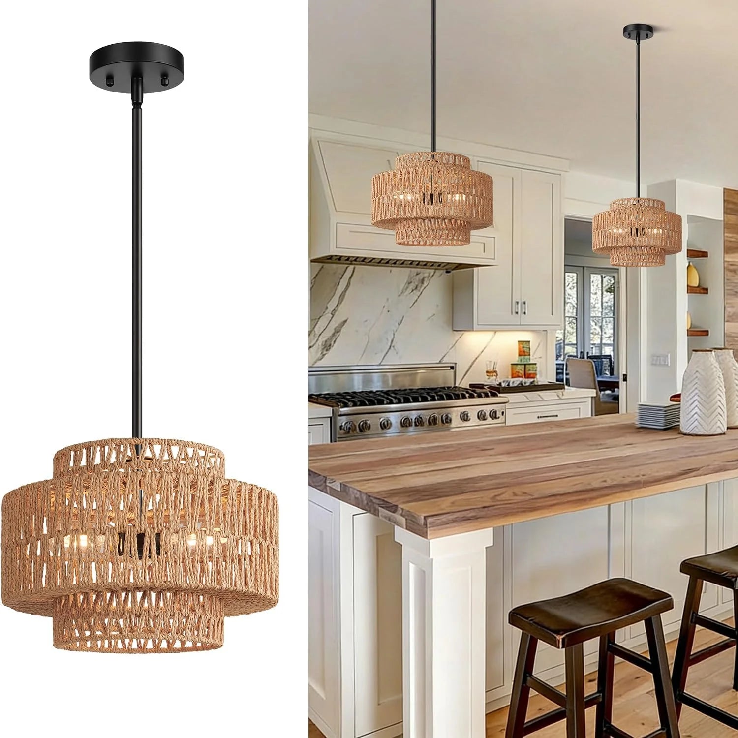 Special 9-52 Height Adjustable Farmhouse Chandelier Light Fixture, 5-Light Rattan Boho Chandeliers for Dining Room - Image 4