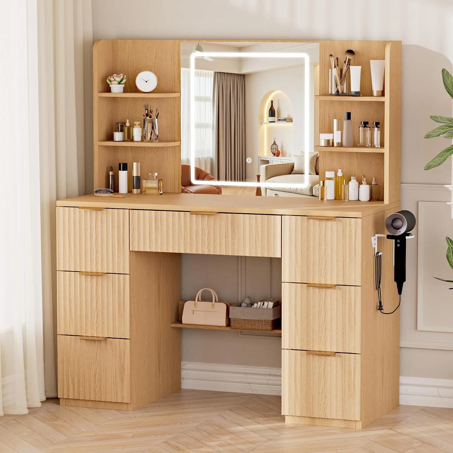 Special 43 Large White Makeup Vanity Desk with Charging Station, Smart LED Mirror, 7 Drawers, 4 Shelves - Image 2