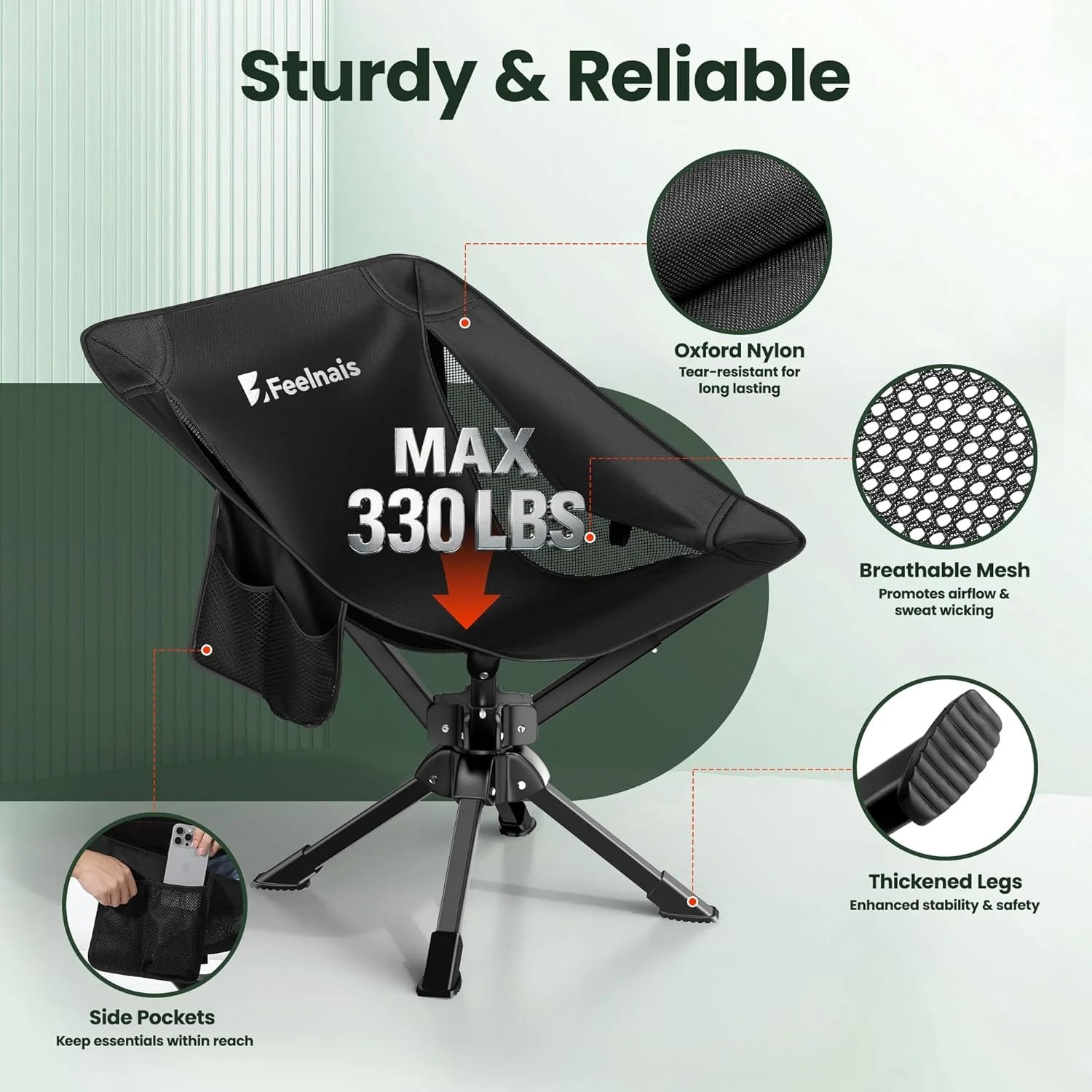 Special Feelnais Portable Camping Chairs Compact, 360° Swivel Folding Chair, Lightweight 3.5lbs, Metal Frame Holds up to 330lbs - Image 4