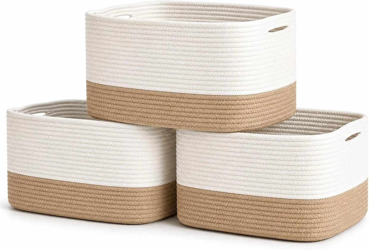 Special OrganiHaus Cotton Rope Baskets for Shelves, Set of 3, 15x9x10, Handwoven, a toy bin and organizer for towels