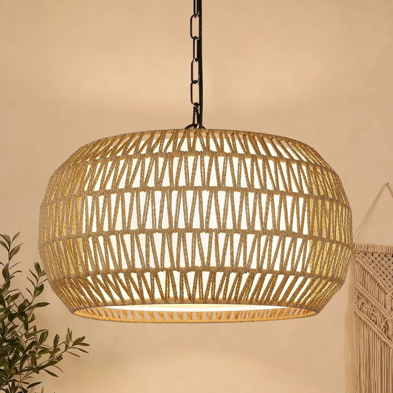 Special 9-52 Height Adjustable Farmhouse Chandelier Light Fixture, 5-Light Rattan Boho Chandeliers for Dining Room