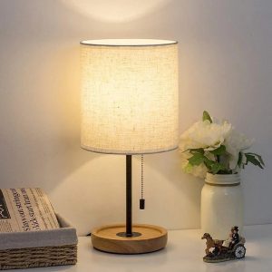 Special Bedside Table Lamp, Modern Nightstand Lamp with Linen Fabric Shade Wooden Desk Lamps for Bedrooms